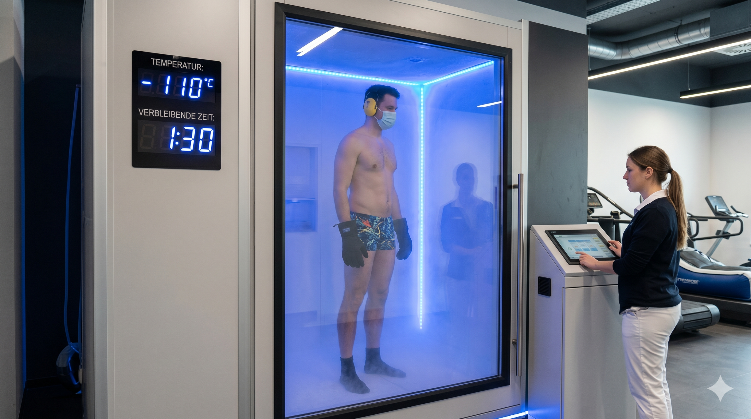 Person in einer Kältekammer bei extremer Kälte